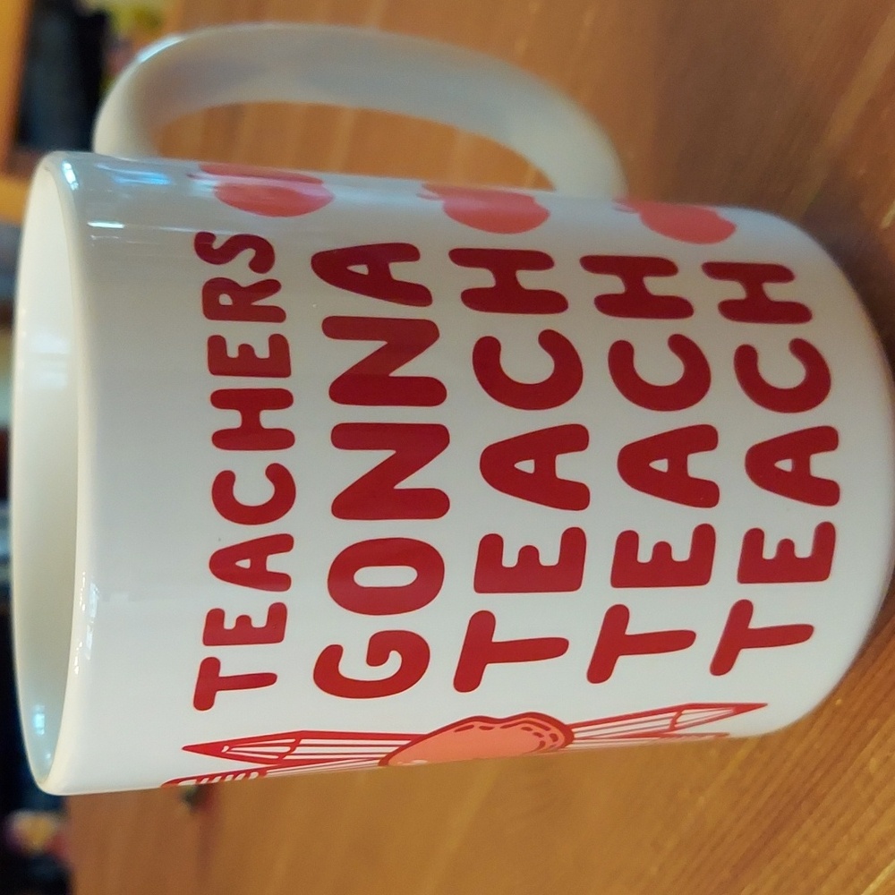 Teacher appreciation mug swifty parody white pink red apple motif